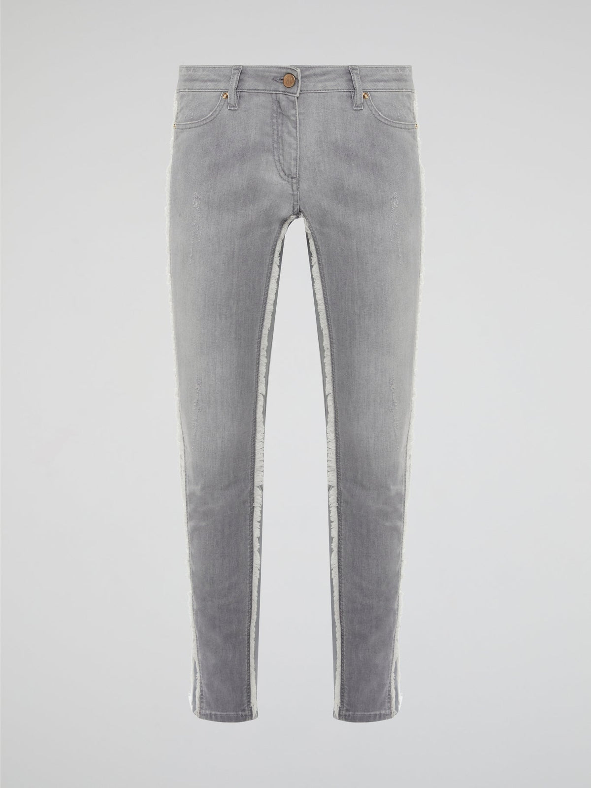Elevate your denim game with these Grey Fringe Detailed Jeans from Roberto Cavalli. With intricate fringe detailing down the sides, these jeans offer a modern twist on a classic wardrobe staple. Pair them with a sleek top and statement heels for a look that's sure to turn heads.