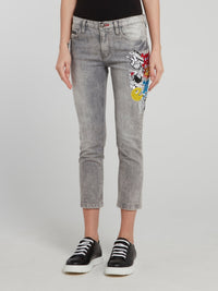 Grey Multi-Stud Distressed Cropped Pants