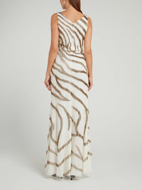 Beige Beadwork Zebra Effect Maxi Dress