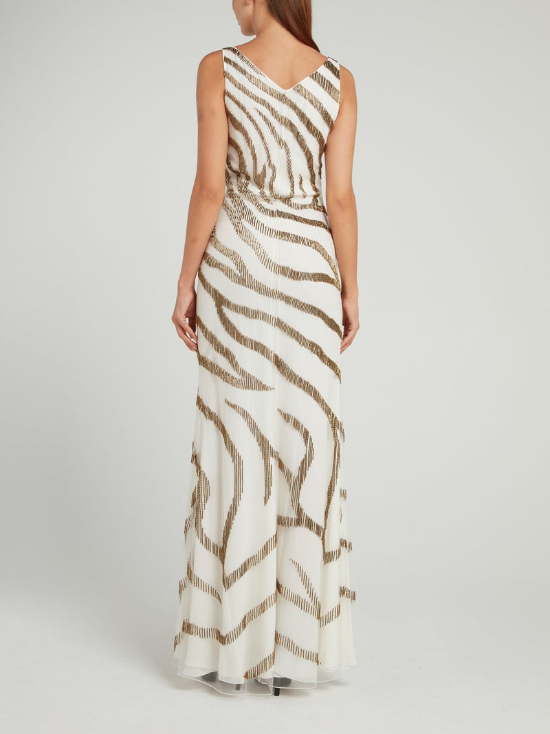 Beige Beadwork Zebra Effect Maxi Dress