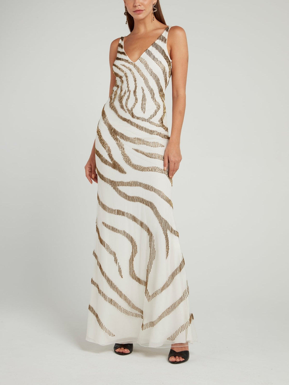 Beige Beadwork Zebra Effect Maxi Dress