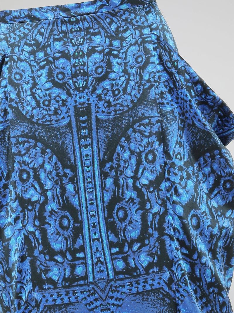 Elevate your wardrobe with the stunning Blue Printed Ruffle Skirt by Roberto Cavalli. With its vibrant blue hue and intricate prints, this skirt is an absolute showstopper. The cascading ruffles add a playful and flirty touch, making it a perfect choice for any occasion from brunch to a night out on the town.