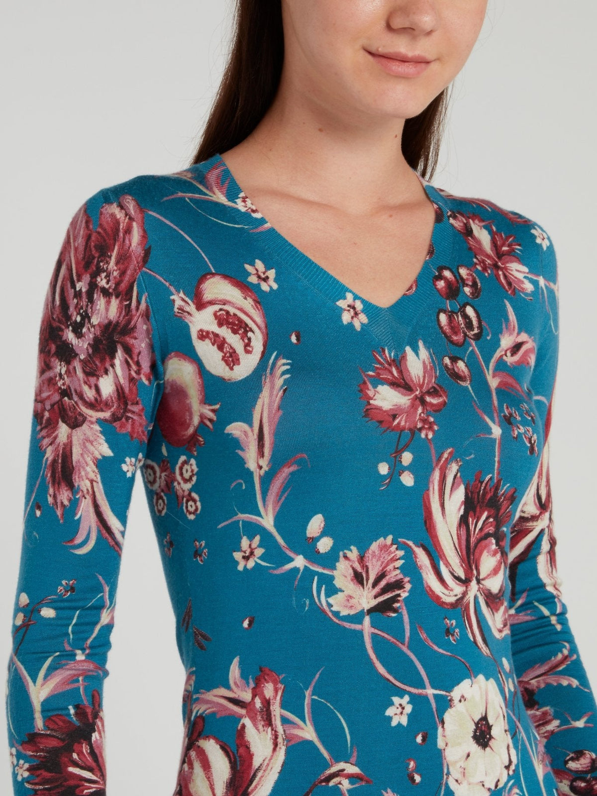 Blue Floral Print V-Neck Top