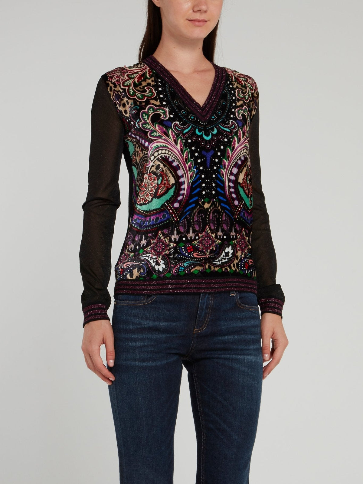 Black Paisley Print Stripe Edge Top