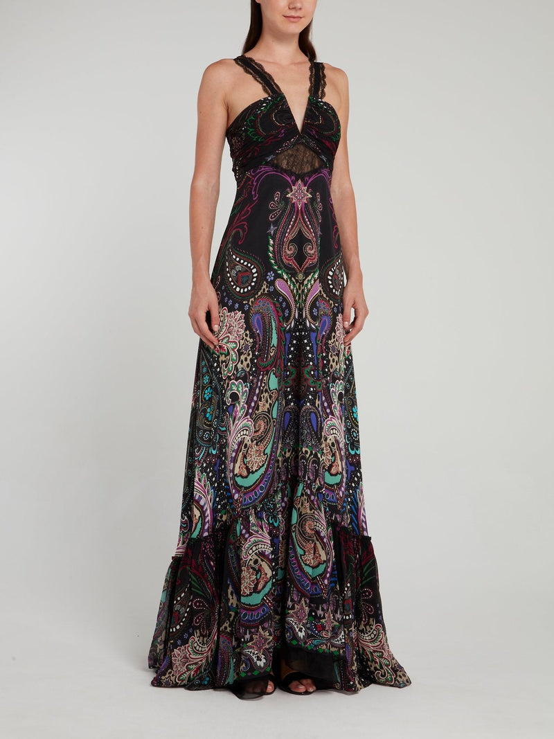 Black Paisley Print Lace Strap Maxi Dress