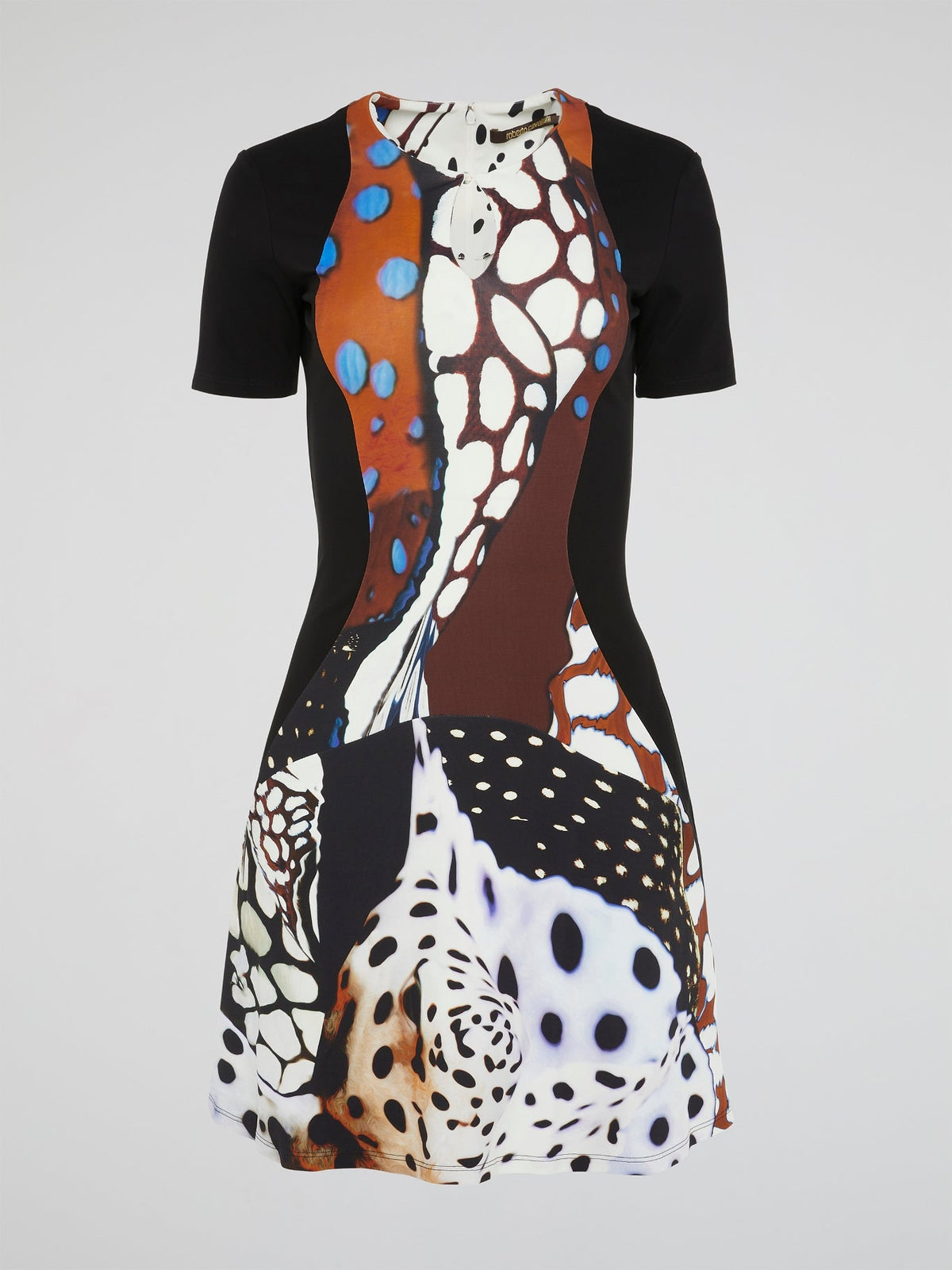 This gorgeous Abstract Print Keyhole Dress by Roberto Cavalli is a stunning addition to any wardrobe. The intricate design and keyhole cutout add a touch of femininity and elegance to this bold piece. You'll turn heads and make a statement wherever you go in this eye-catching dress.