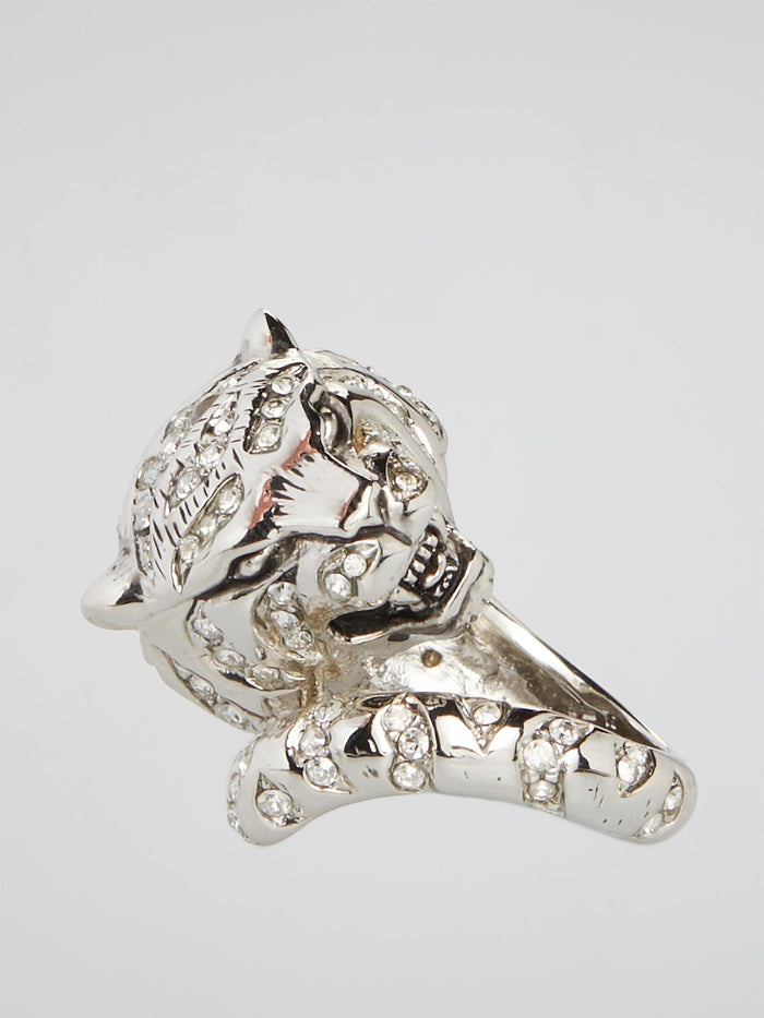 Silver Crystal Studded Panther Head Ring