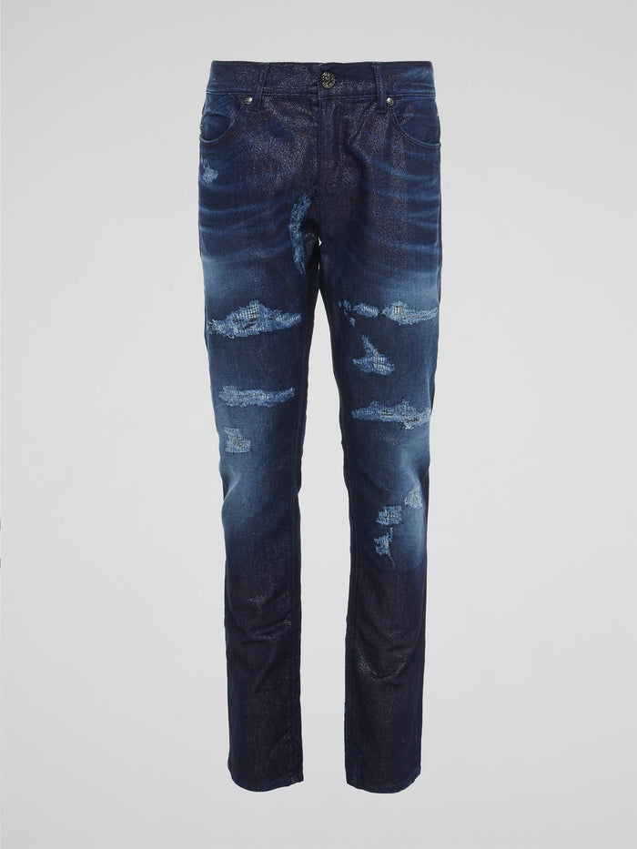 Experience the ultimate in denim luxury with our Navy Distressed Slim Fit Jeans by Roberto Cavalli. Crafted with precision and attention to detail, these jeans are a work of art, combining edgy distressing with a sleek slim fit silhouette. Make a bold fashion statement with these versatile jeans that will take you from day to night in style.