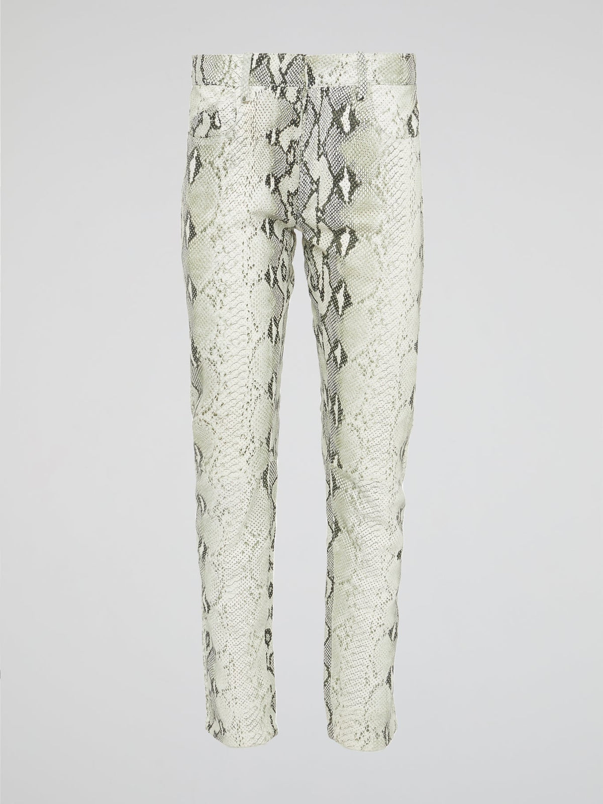 Infuse your wardrobe with a touch of wild sophistication with these snake print skinny trousers from Roberto Cavalli. Crafted from luxurious fabric, these statement pants will elevate any outfit from basic to bold in an instant. Step out in style and turn heads wherever you go with these modern, edgy trousers that exude confidence and glamour.