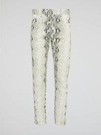 Infuse your wardrobe with a touch of wild sophistication with these snake print skinny trousers from Roberto Cavalli. Crafted from luxurious fabric, these statement pants will elevate any outfit from basic to bold in an instant. Step out in style and turn heads wherever you go with these modern, edgy trousers that exude confidence and glamour.