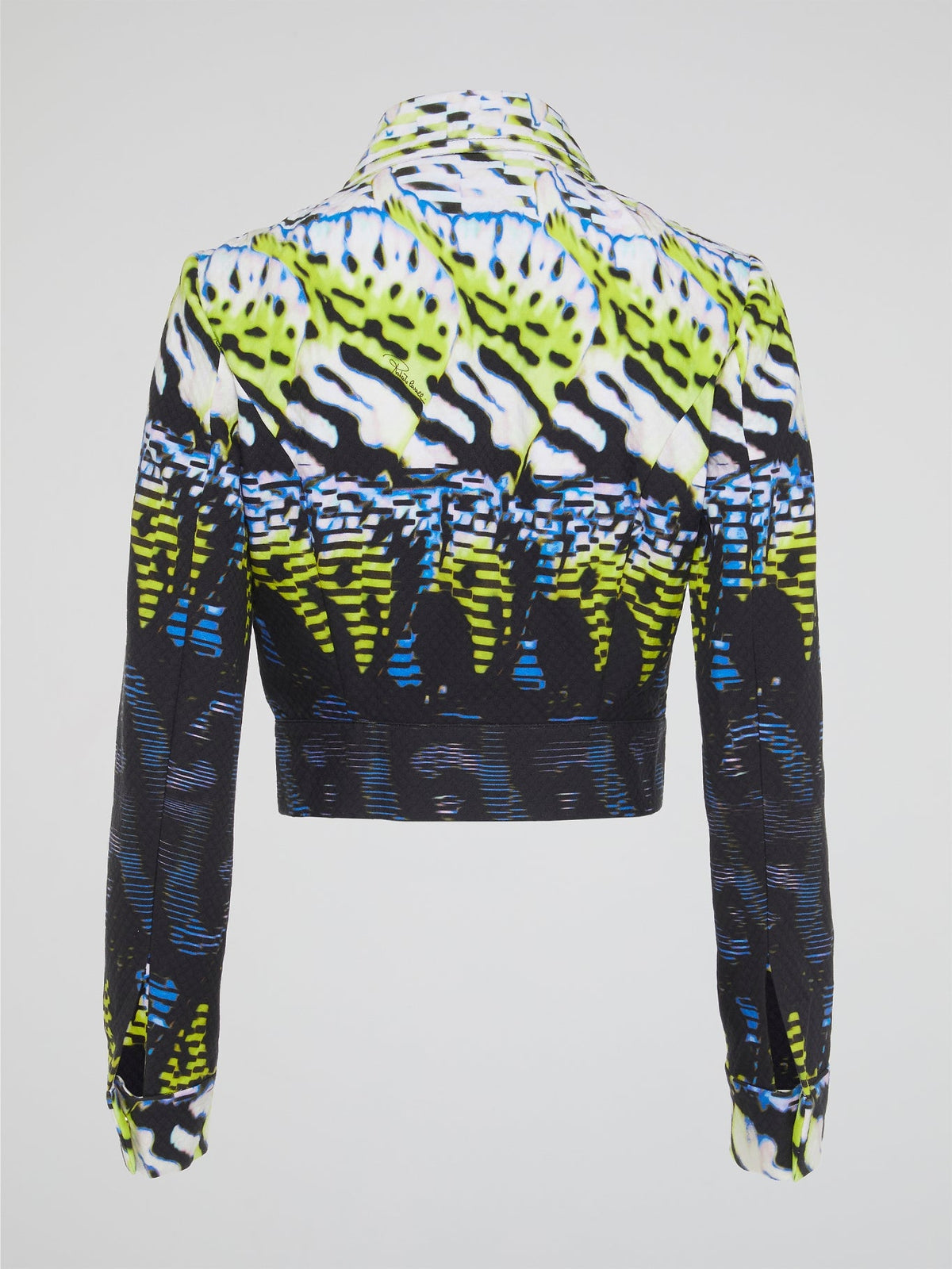 This Printed Zip Up Cropped Jacket by Roberto Cavalli is a bold and eye-catching piece that will make you stand out from the crowd. The intricate print and cropped silhouette add a touch of edgy flair to any outfit, while the high-quality construction ensures durability and longevity. Perfect for adding a statement piece to your wardrobe, this jacket is sure to turn heads and make a lasting impression wherever you go.