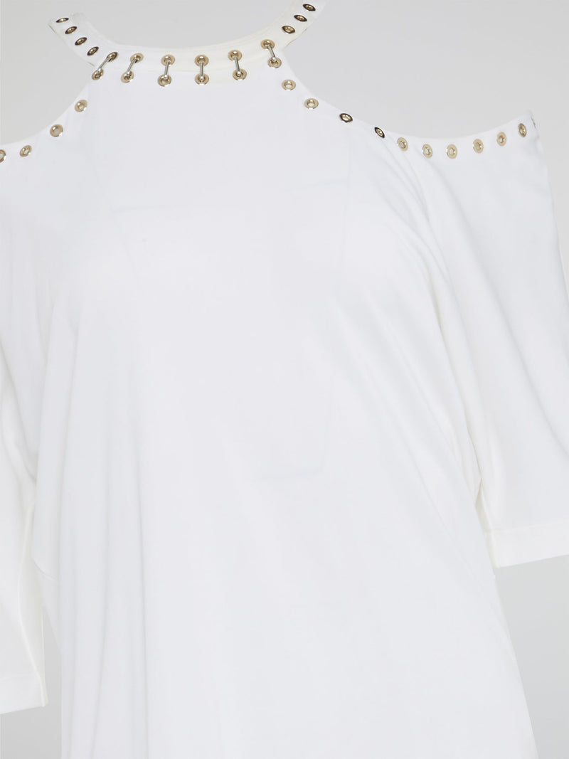 Wrap yourself in effortless elegance with the White Cold Shoulder Top by Roberto Cavalli. This stunning piece boasts intricate detailing and a modern silhouette that will turn heads wherever you go. Elevate your wardrobe with this must-have statement piece that exudes timeless sophistication and style.