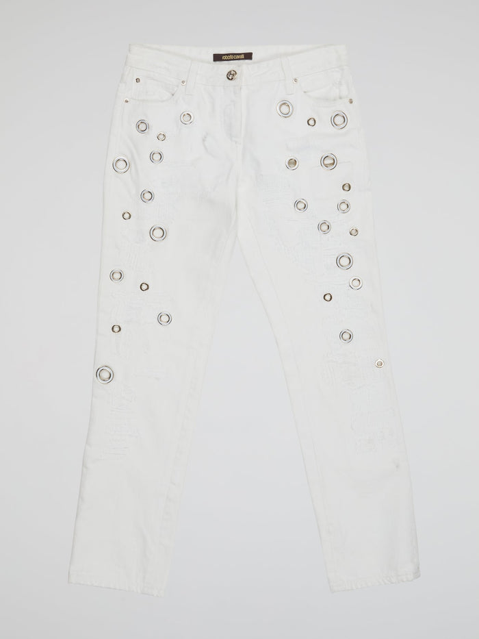 Elevate your denim game with these stunning White Embellished Denim Jeans by Roberto Cavalli. Featuring intricate beadwork and shimmering embellishments, these jeans are truly a work of art. Stand out from the crowd and make a statement with these one-of-a-kind, luxurious jeans.