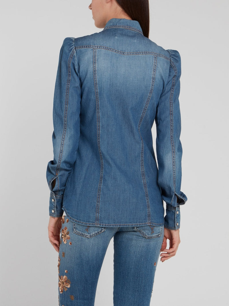 Sequin Detail Puff Sleeve Denim Shirt