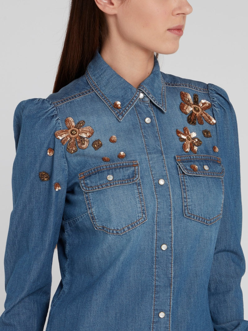 Sequin Detail Puff Sleeve Denim Shirt