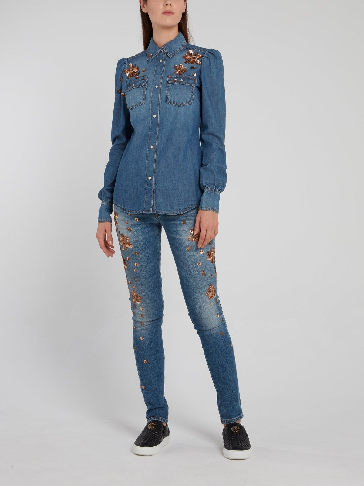 Sequin Detail Puff Sleeve Denim Shirt