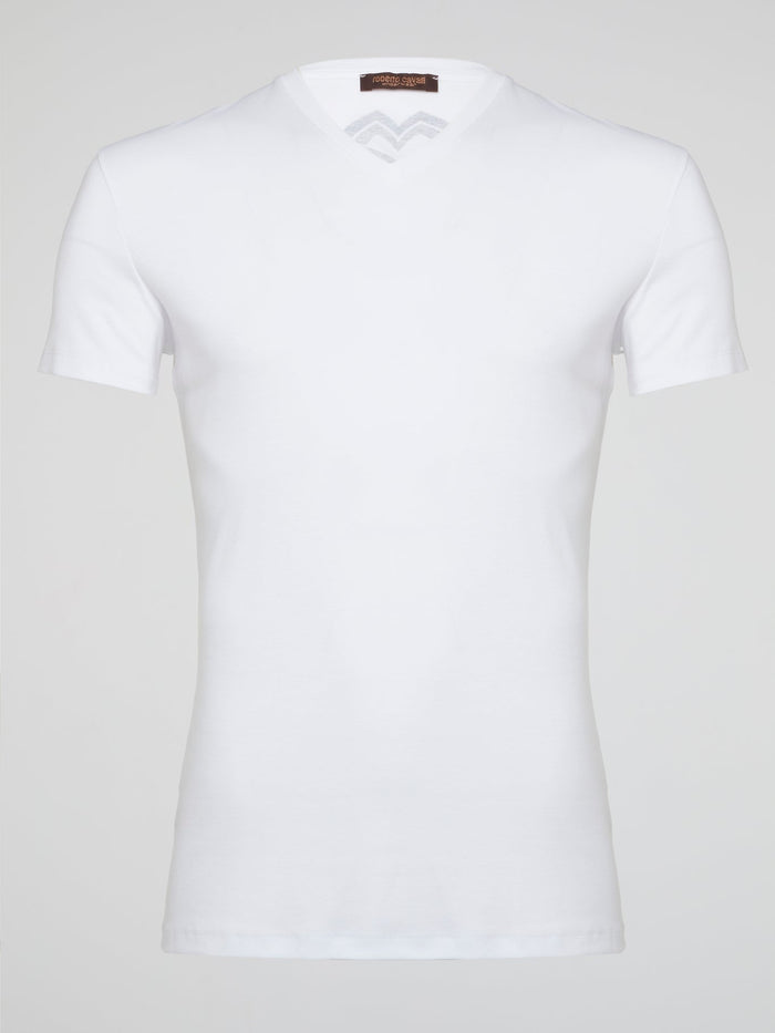 Embrace your inner style icon with this must-have White Logo Print V-Neck T-Shirt from Roberto Cavalli Underwear. Crafted from luxurious soft cotton, this tee exudes sophistication and comfort. Pair it with your favorite jeans for a look that is effortlessly chic and timeless.