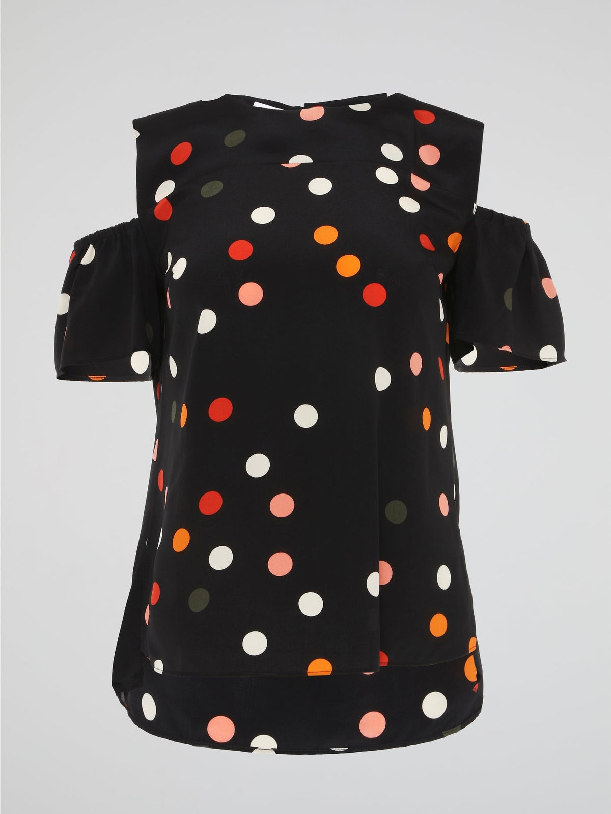 The Black Polka Dot Cold Shoulder Top by Akris Punto is a chic and playful addition to your wardrobe. With its trendy cold shoulder cutouts and flirty polka dot print, this top adds a touch of flair to any outfit. Made with high-quality materials, it offers both comfort and style, making it the perfect choice for a night out or a casual day at the office.