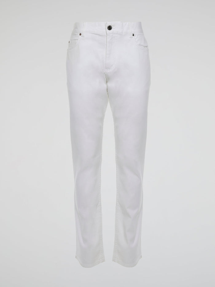 Introducing the epitome of impeccable style, the White Straight Cut Trousers by Roberto Cavalli. Crafted from luxuriously soft fabric, these trousers embrace elegance and sophistication with their sleek silhouette. Elevate your fashion game effortlessly, as you flaunt these timeless trousers that effortlessly blend comfort and class.