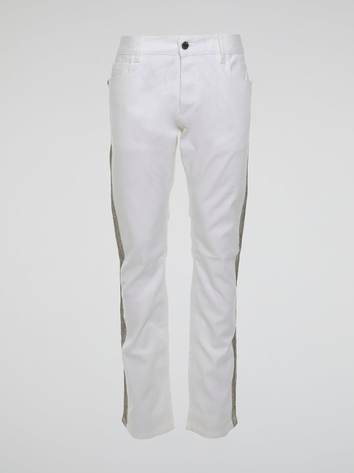 Step into the realm of high fashion with these White Studded Trousers by Roberto Cavalli. Made for those who dare to be different, these trousers feature meticulous studded details that add a touch of rebellious glamour. With their sleek design and luxurious fabric, they are the ultimate statement piece for any fashion-forward individual.