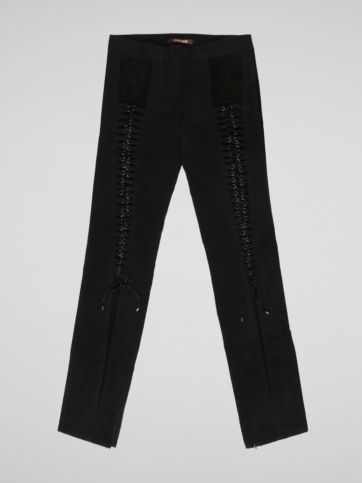 Step into elegance with these stunning Black Embellished Trousers by Roberto Cavalli. Crafted with meticulous care, each detail on these trousers tells a story of sophistication and luxury. From the delicate beaded embellishments to the figure-flattering silhouette, these trousers are a fashion statement that exudes confidence and style.