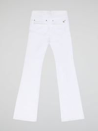 Step into fashion-forward elegance with these White Flared Jeans from renowned designer Roberto Cavalli. Crafted with meticulous attention to detail, these jeans feature a flattering high waistline and a mesmerizing flared silhouette that effortlessly elongates your legs. The pure white hue adds a touch of sophistication, making them the perfect statement piece for any occasion.