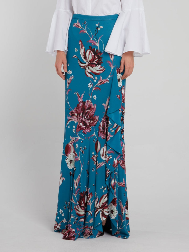 Blue Floral Print Ruffle Maxi Skirt