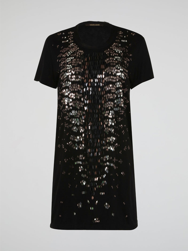 Shimmer and shine in style with the Black Sequin Embroidered T-Shirt Dress from Roberto Cavalli. This versatile piece effortlessly combines casual comfort with high-fashion glamour, making it perfect for any occasion. Stand out from the crowd and turn heads wherever you go in this show-stopping must-have.