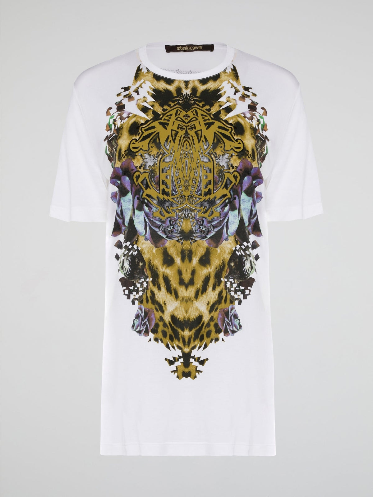 Elevate your casual style with the White Printed Oversized T-Shirt from Roberto Cavalli. Made with premium cotton fabric, this tee features a bold and eye-catching print that will set you apart from the crowd. Whether you dress it up with heels or keep it cool with sneakers, this statement piece is a must-have for your wardrobe.