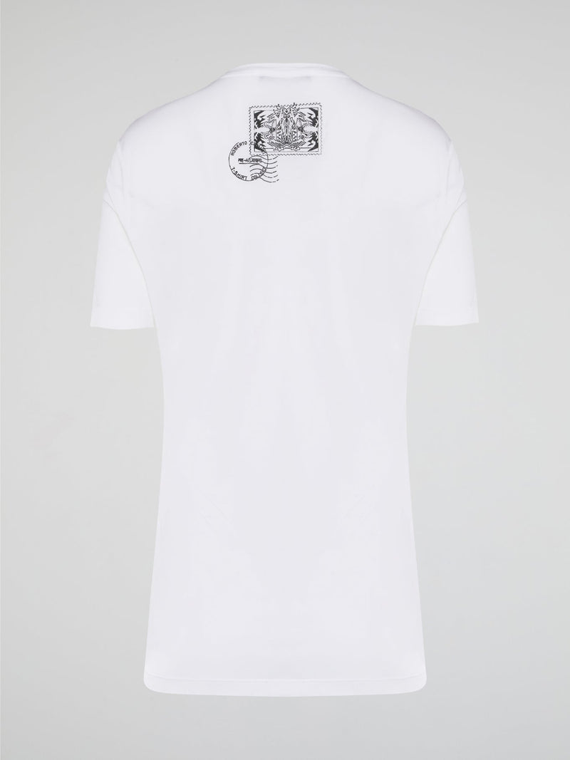 Elevate your casual style with the White Printed Oversized T-Shirt from Roberto Cavalli. Made with premium cotton fabric, this tee features a bold and eye-catching print that will set you apart from the crowd. Whether you dress it up with heels or keep it cool with sneakers, this statement piece is a must-have for your wardrobe.