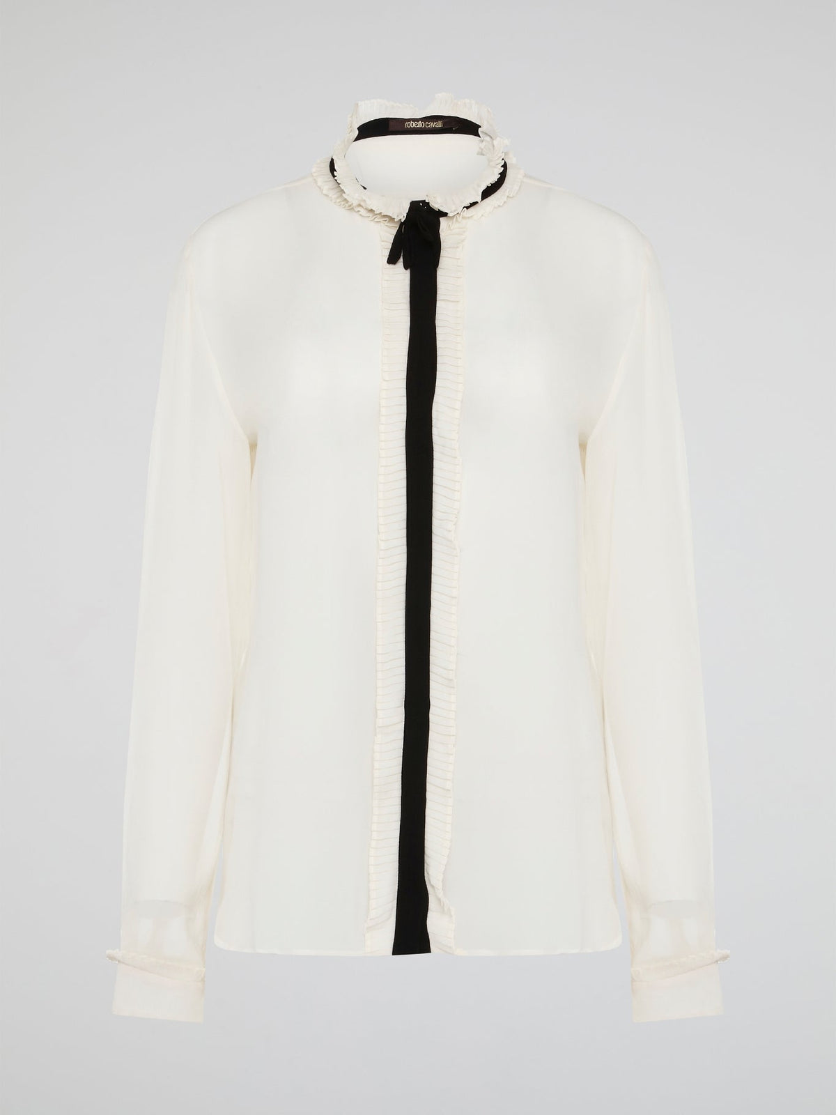 Step into luxury and sophistication with the Roberto Cavalli White Frill Detailed Blouse. The delicate frill detailing adds a touch of elegance to this classic white blouse, making it a perfect choice for any special occasion. Elevate your wardrobe with this timeless piece that exudes high-end fashion and style.