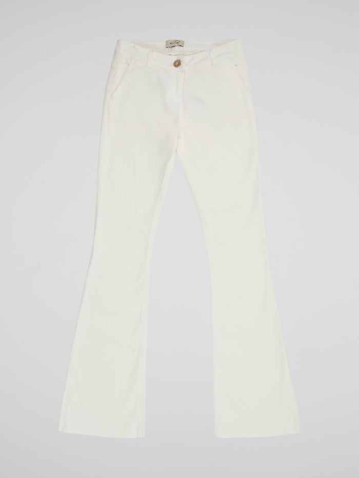 Step into the spotlight with these stunning White Flared trousers from Ki6?who Are You? Made with luxurious and breathable fabric, these trousers will elevate any look with their sleek and sophisticated design. Whether you're dressing up for a night out or keeping it casual during the day, these trousers are a must-have addition to your wardrobe.