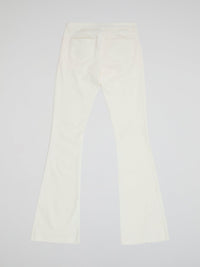 Step into the spotlight with these stunning White Flared trousers from Ki6?who Are You? Made with luxurious and breathable fabric, these trousers will elevate any look with their sleek and sophisticated design. Whether you're dressing up for a night out or keeping it casual during the day, these trousers are a must-have addition to your wardrobe.