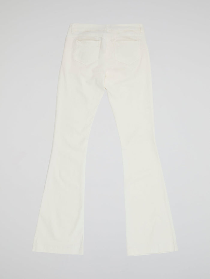 Step into the spotlight with these stunning White Flared trousers from Ki6?who Are You? Made with luxurious and breathable fabric, these trousers will elevate any look with their sleek and sophisticated design. Whether you're dressing up for a night out or keeping it casual during the day, these trousers are a must-have addition to your wardrobe.