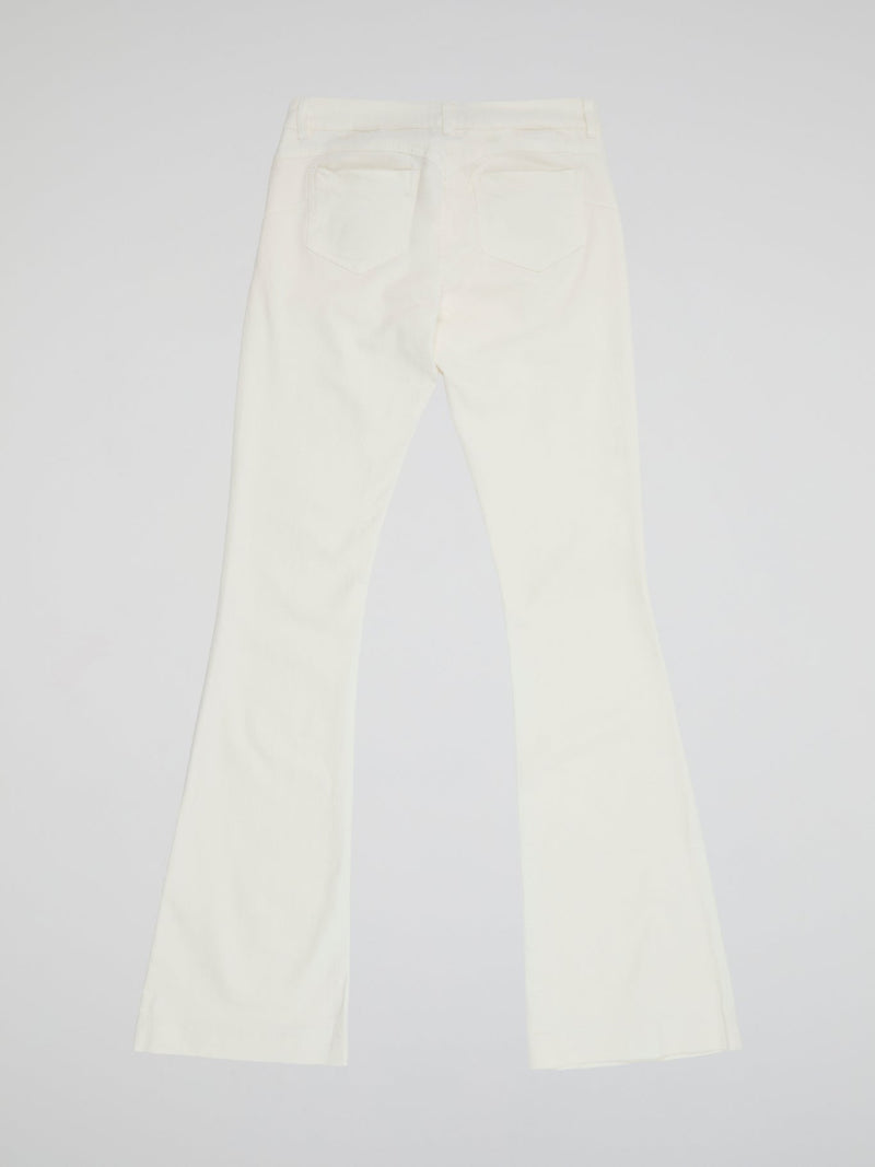 Step into the spotlight with these stunning White Flared trousers from Ki6?who Are You? Made with luxurious and breathable fabric, these trousers will elevate any look with their sleek and sophisticated design. Whether you're dressing up for a night out or keeping it casual during the day, these trousers are a must-have addition to your wardrobe.