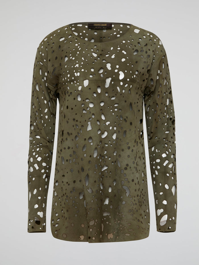 Elevate your casual look with this effortlessly chic Green Perforated Long Sleeve Top from Roberto Cavalli. The intricate perforated detailing adds a touch of edge and sophistication to a classic silhouette. Crafted from luxurious materials, this top ensures both style and comfort for any occasion.