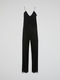 Step out in style and turn heads with our Black Lace Trim Jumpsuit by Joy Cioci. This chic and sophisticated piece features delicate lace detailing that adds a touch of elegance to your look. Whether you're dressing up for a night out or a special occasion, this jumpsuit is sure to make a statement.