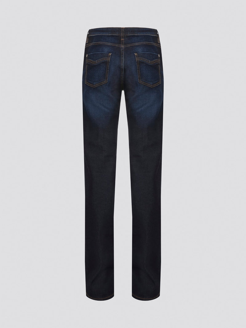 Step into the epitome of casual-chic with these Navy Stonewashed Straight Cut Jeans from Roberto Cavalli. Crafted from premium denim, these jeans feature a relaxed fit and a trendy stonewashed finish for that effortlessly cool look. Pair them with a crisp white shirt and sneakers for a weekend-ready ensemble that exudes style and comfort.