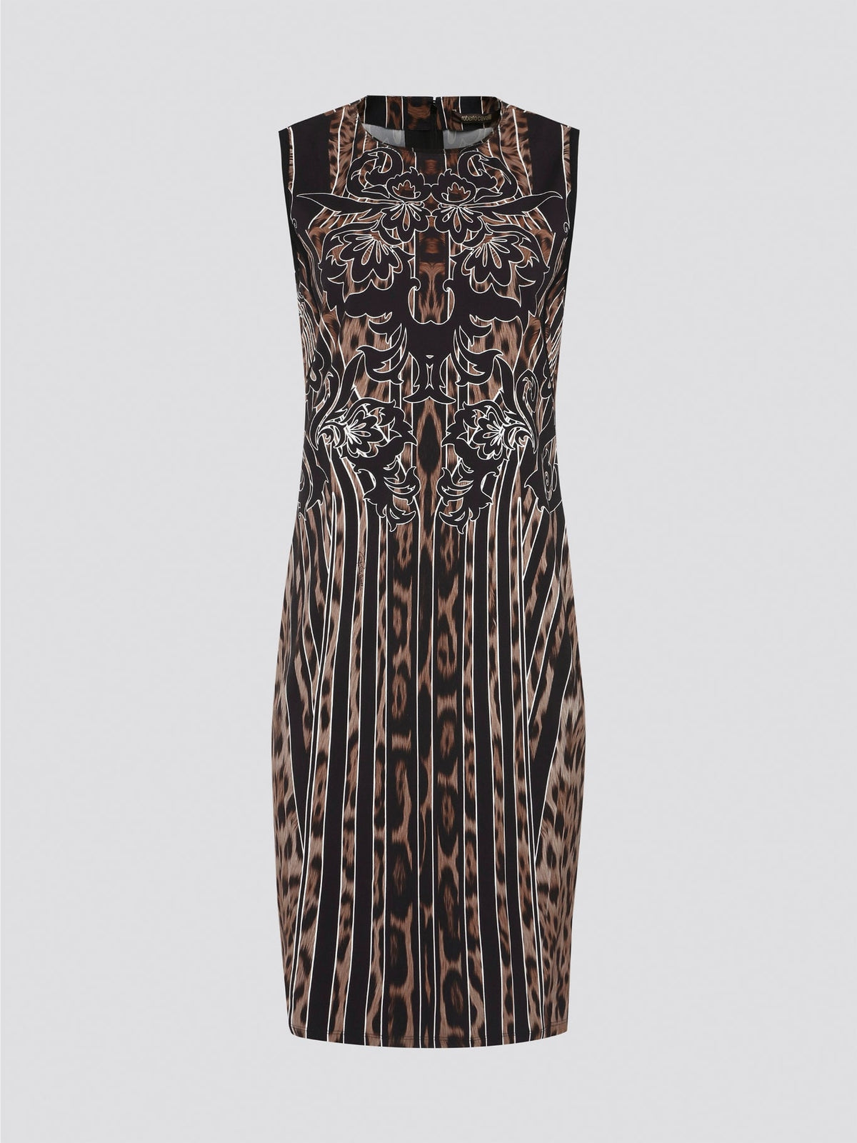 Fade into the wild with the Roberto Cavalli Leopard Print Sheath Dress. This fierce and fabulous statement piece will turn heads wherever you go, exuding confidence and sophistication. Embrace your inner predator and unleash your stylish prowess with this bold and daring dress.