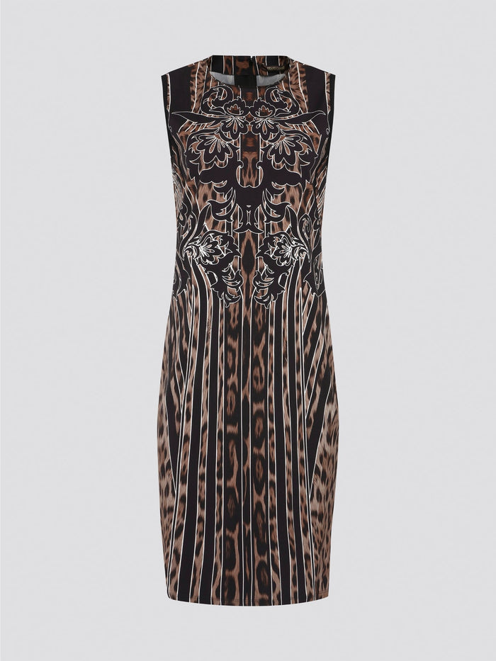 Fade into the wild with the Roberto Cavalli Leopard Print Sheath Dress. This fierce and fabulous statement piece will turn heads wherever you go, exuding confidence and sophistication. Embrace your inner predator and unleash your stylish prowess with this bold and daring dress.