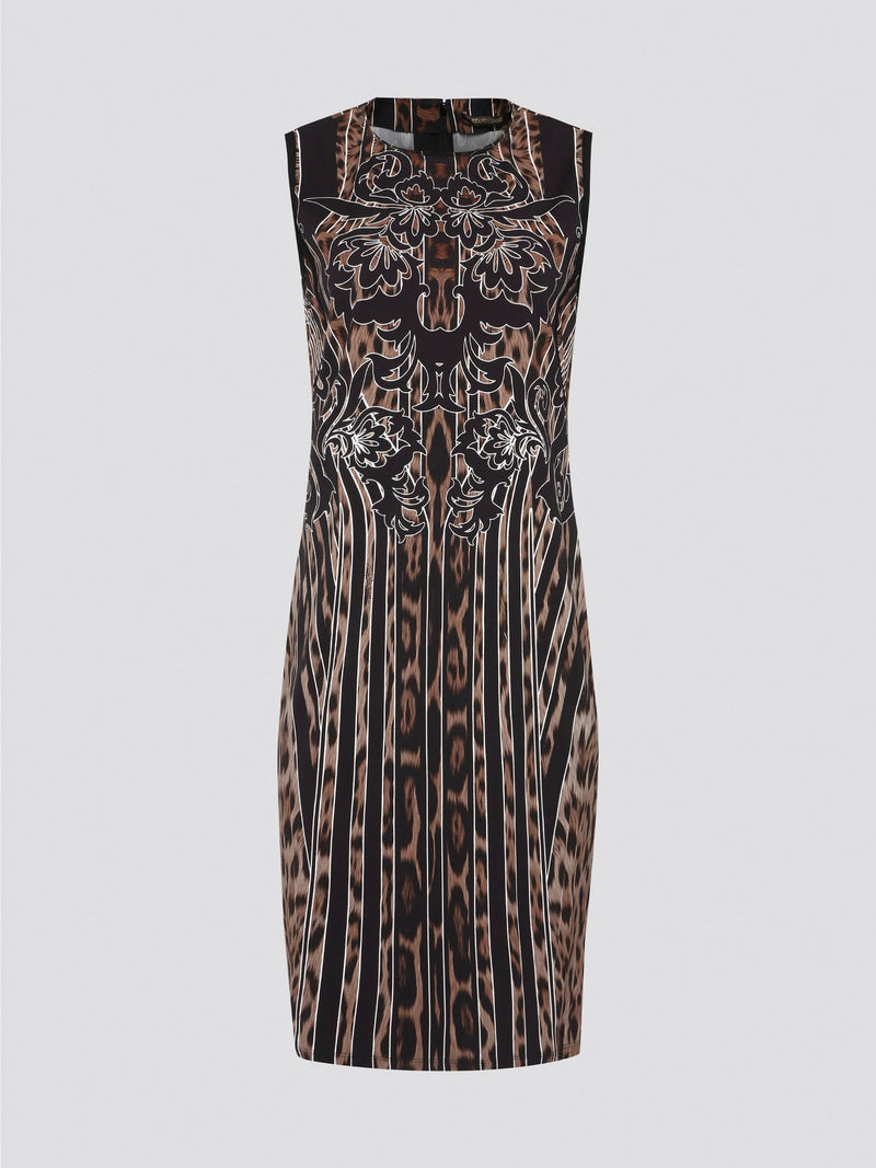 Fade into the wild with the Roberto Cavalli Leopard Print Sheath Dress. This fierce and fabulous statement piece will turn heads wherever you go, exuding confidence and sophistication. Embrace your inner predator and unleash your stylish prowess with this bold and daring dress.