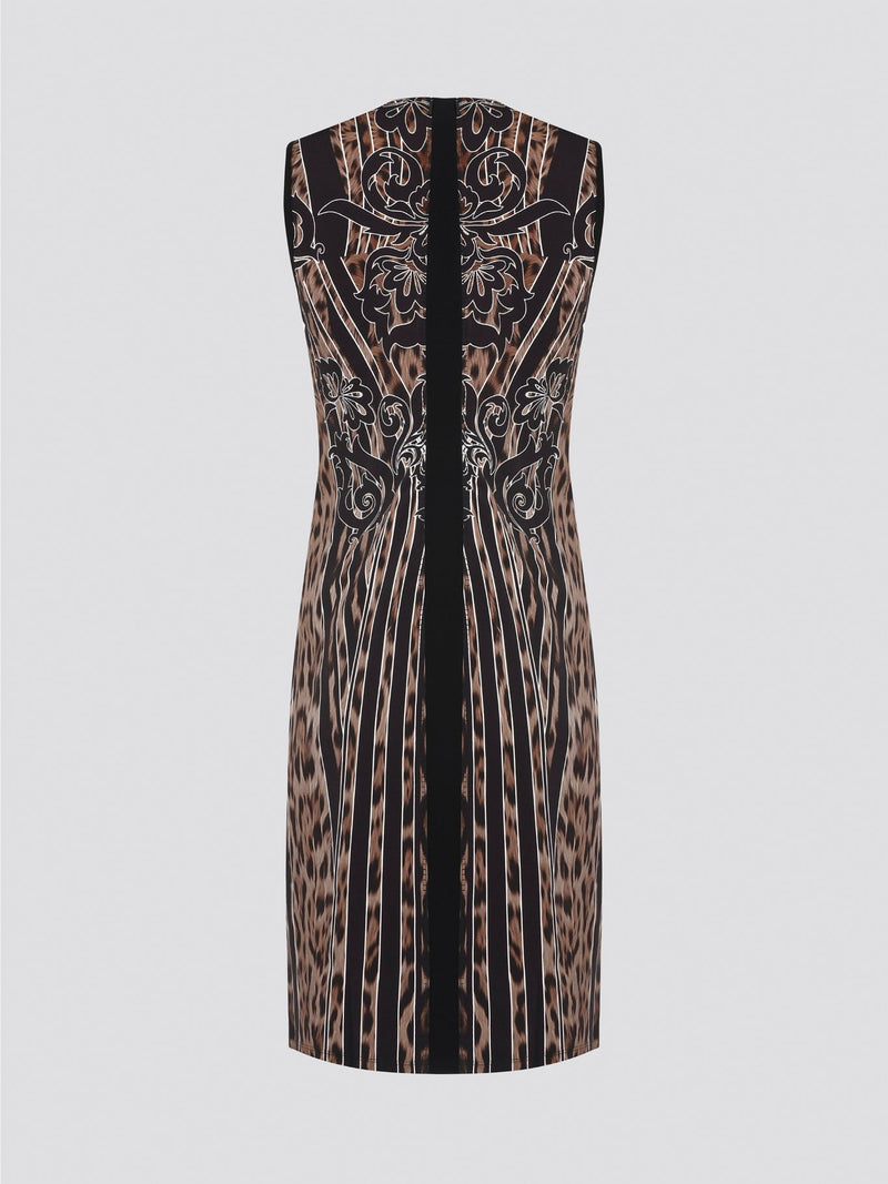 Fade into the wild with the Roberto Cavalli Leopard Print Sheath Dress. This fierce and fabulous statement piece will turn heads wherever you go, exuding confidence and sophistication. Embrace your inner predator and unleash your stylish prowess with this bold and daring dress.