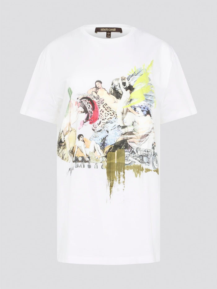 Elevate your casual style with the White Printed Oversized T-Shirt from Roberto Cavalli. Made with premium cotton fabric, this tee features a bold and eye-catching print that will set you apart from the crowd. Whether you dress it up with heels or keep it cool with sneakers, this statement piece is a must-have for your wardrobe.