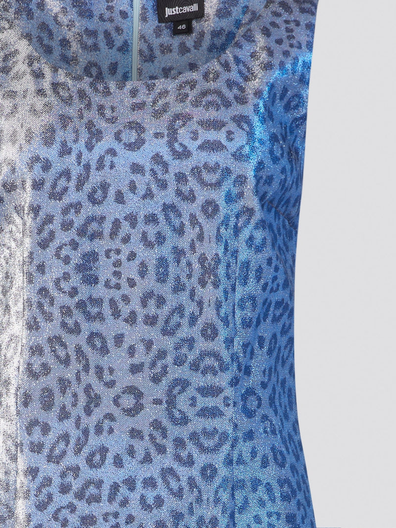 Unleash your wild side in this fierce Blue Leopard Print Sheath Dress from Just Cavalli. The bold blue color and striking leopard print pattern make this dress a standout piece for any occasion. With its figure-hugging silhouette and confident attitude, you'll feel like the queen of the concrete jungle in this stunning dress.