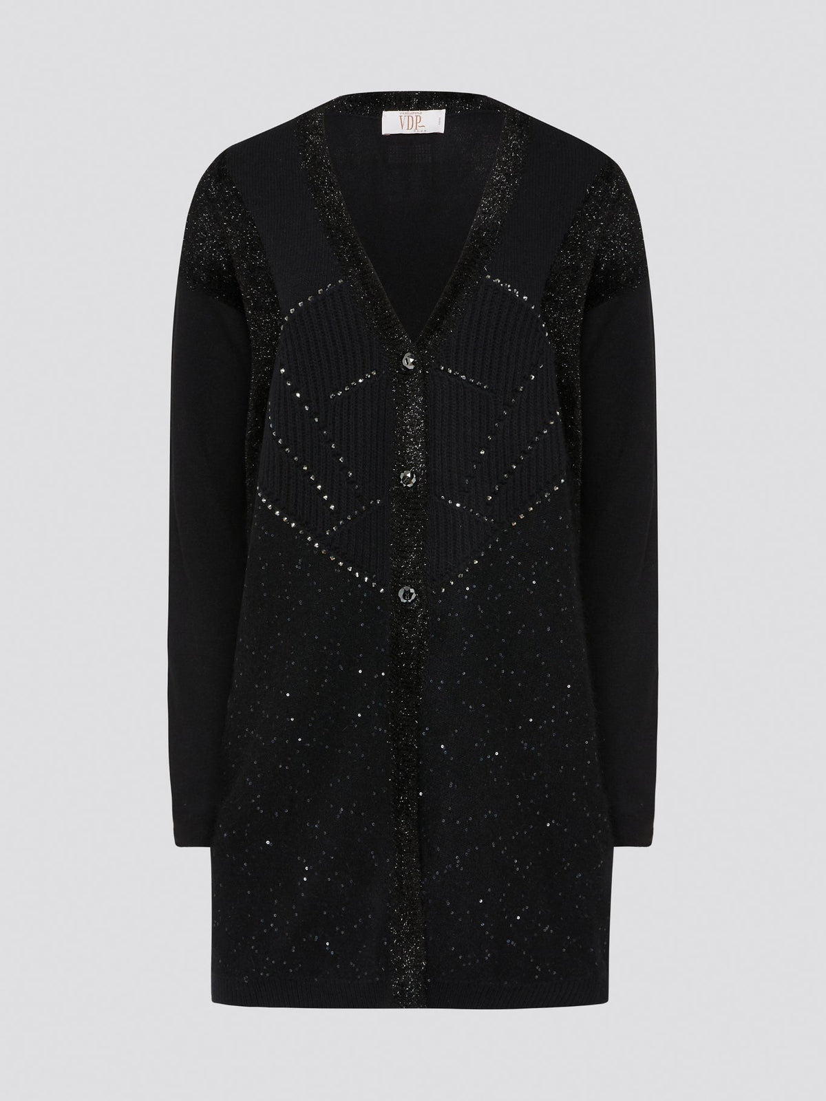 Unleash your inner rockstar with the Black Studded Cardigan V.d.p. Club, the perfect blend of edgy and chic. Made from high-quality materials with intricate studded detailing, this cardigan is a statement piece that will elevate any outfit. Whether you're heading to a concert or a night out with friends, this cardigan will have you turning heads wherever you go.