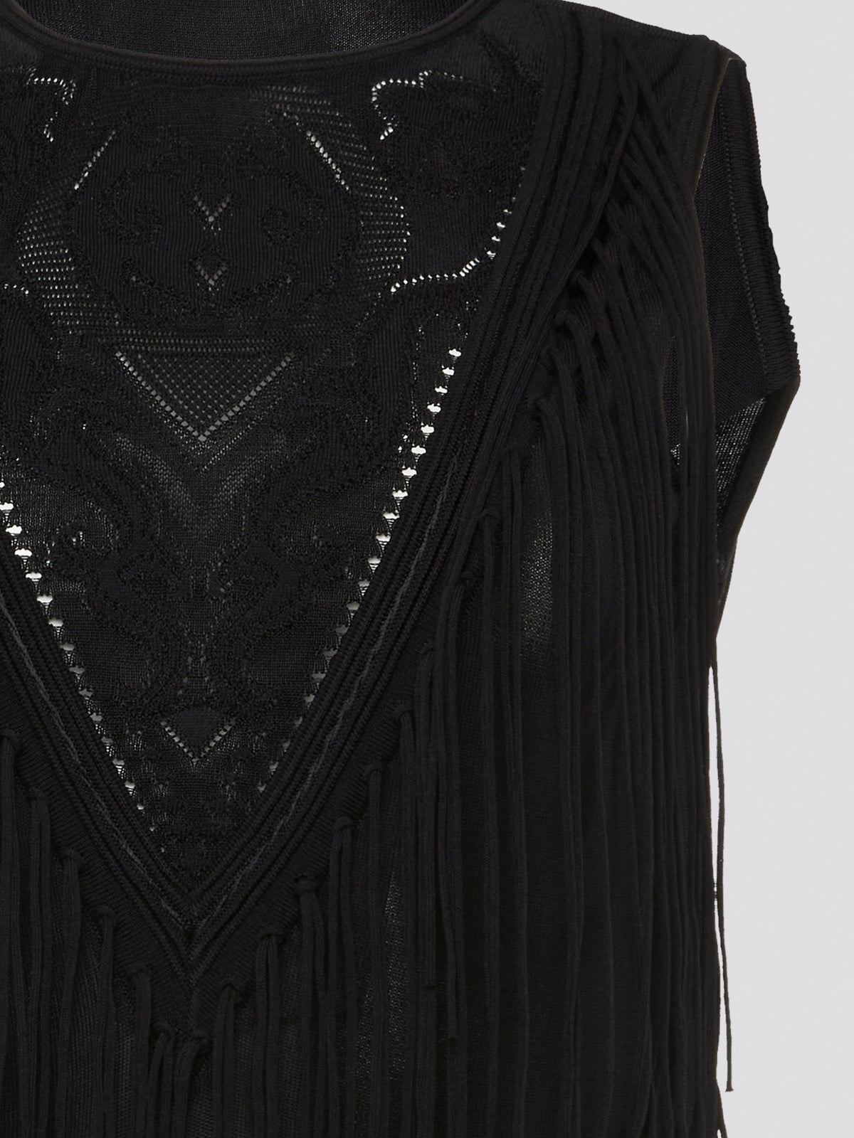 Make a statement with this stunning Black Fringe Detailed Top by Roberto Cavalli. Embellished with intricate fringe detailing, this top exudes luxury and elegance. Whether paired with jeans for a casual look or dressed up with a sleek skirt for a night out, this top is sure to turn heads wherever you go.