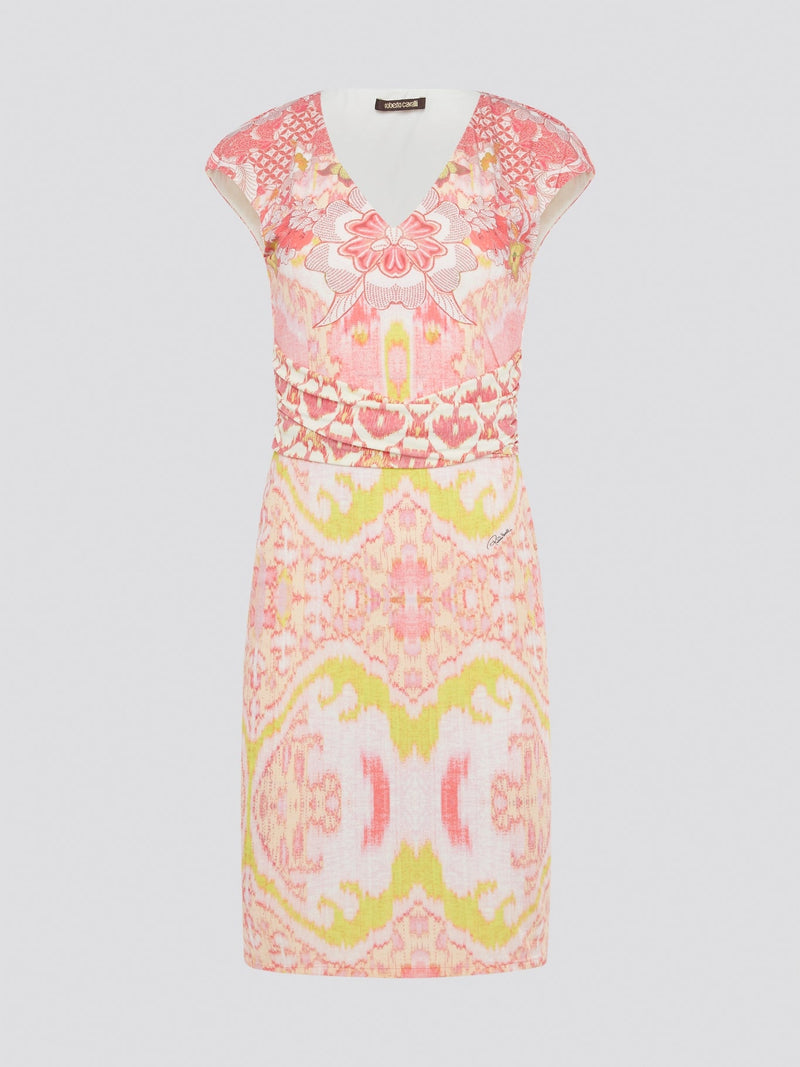 Transform any occasion into a fashion moment with this Pink Printed Cap Sleeve Dress by Roberto Cavalli. The vibrant hues and striking print instantly command attention, while the flattering cap sleeves and fitted silhouette elevate your feminine allure. Embrace your inner style icon and make a statement in this bold and beautiful designer dress.