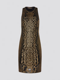 Step into the wild side with the Gold Reptilian Bodycon Dress from Roberto Cavalli. This eye-catching silhouette is adorned with a luxurious reptile print that will turn heads wherever you go. Perfect for a night out on the town, this dress is sure to make you feel like a dazzling diva.