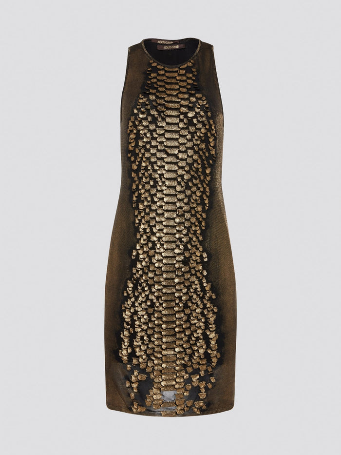 Step into the wild side with the Gold Reptilian Bodycon Dress from Roberto Cavalli. This eye-catching silhouette is adorned with a luxurious reptile print that will turn heads wherever you go. Perfect for a night out on the town, this dress is sure to make you feel like a dazzling diva.
