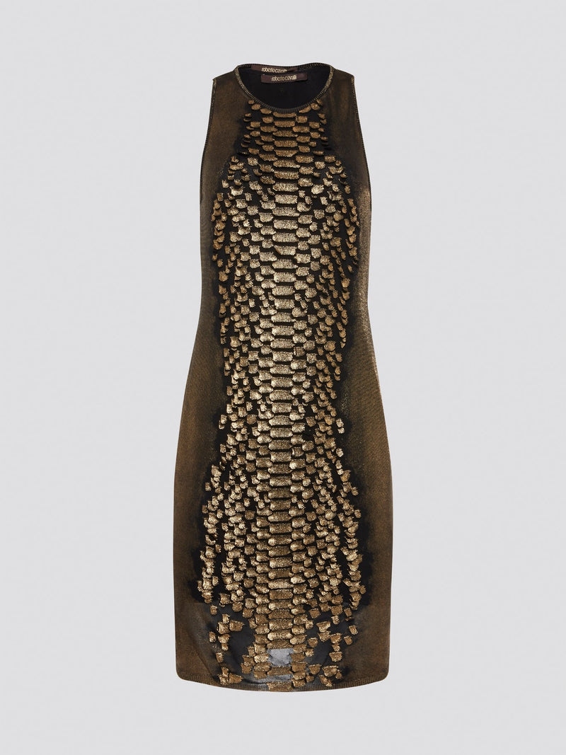 Step into the wild side with the Gold Reptilian Bodycon Dress from Roberto Cavalli. This eye-catching silhouette is adorned with a luxurious reptile print that will turn heads wherever you go. Perfect for a night out on the town, this dress is sure to make you feel like a dazzling diva.